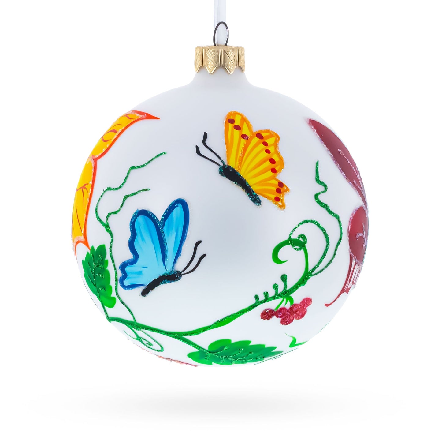 Delicate Butterflies on Blown Glass Ball Christmas Ornament 4 Inches