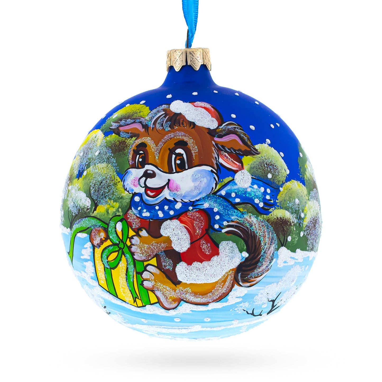 Puppy Unwrapping a Surprise Blown Glass Ball Christmas Ornament 4 Inches