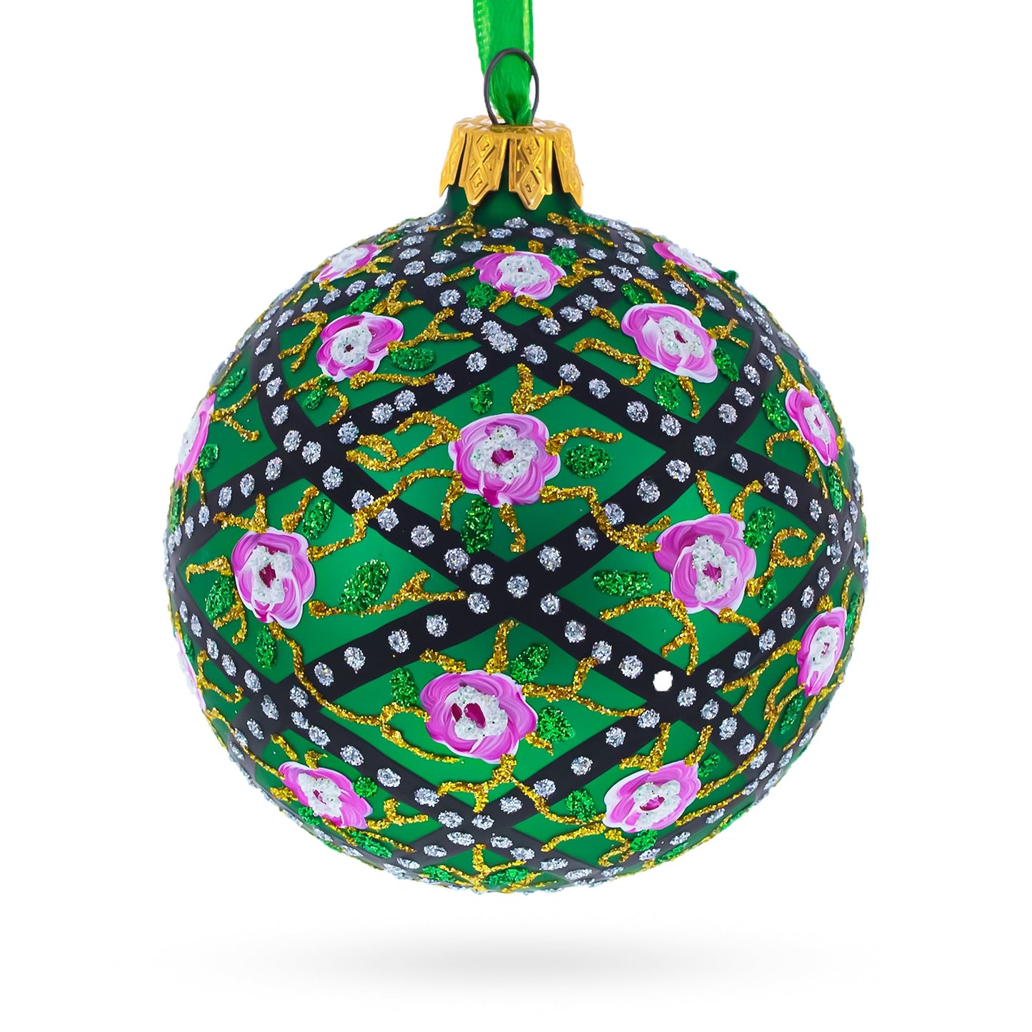 1907 Rose Trellis Royal Egg Green Blown Glass Ball Christmas Ornament 3.25 Inches