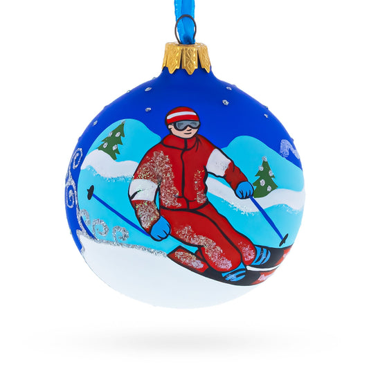 Winter Wonderland Skiing Blue Blown Glass Ball Christmas Ornament 3.25 Inches