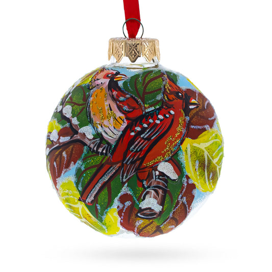 Two Cardinal Birds Blown Glass Ball Christmas Ornament 3.25 Inches