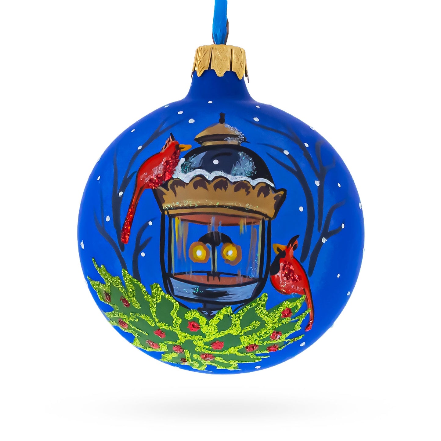 Red Cardinals by Lantern Blown Glass Ball Christmas Ornament 3.25 Inches