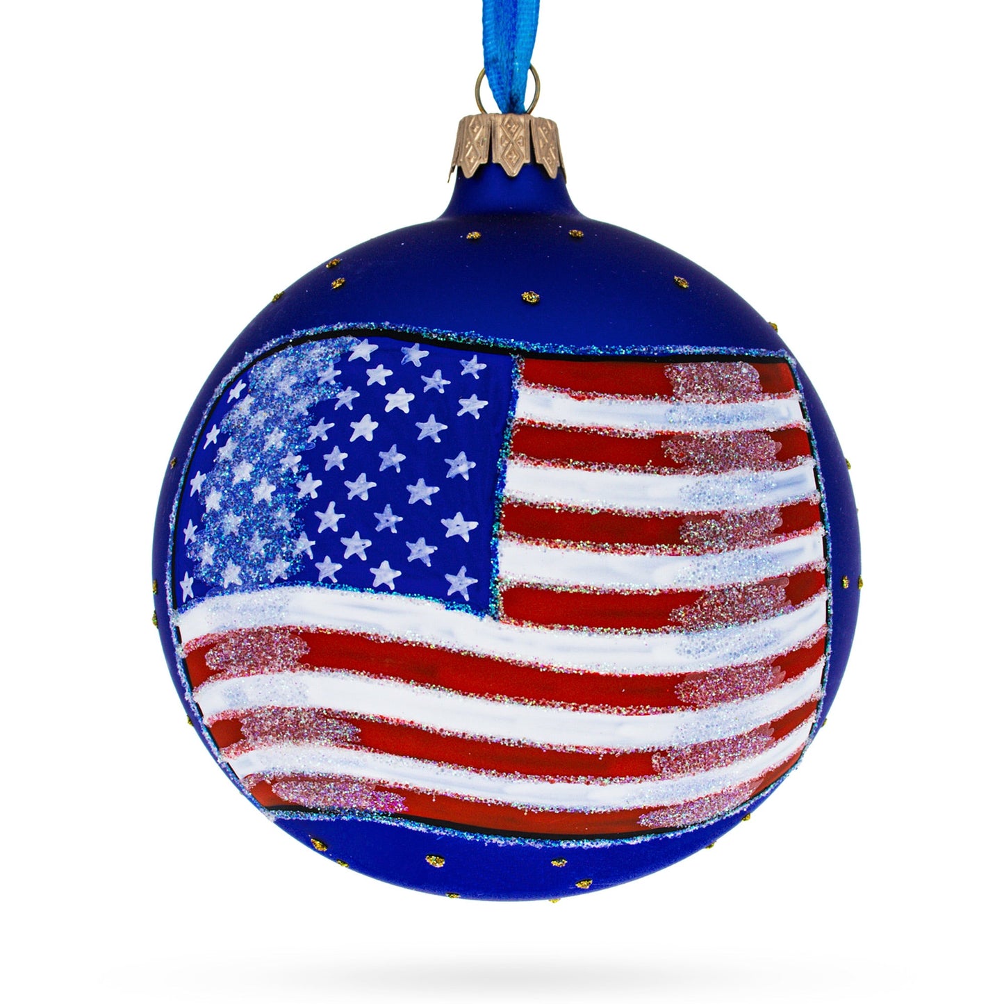 Flag of United States of America on Blue Glass Ball Christmas Ornament 4 Inches