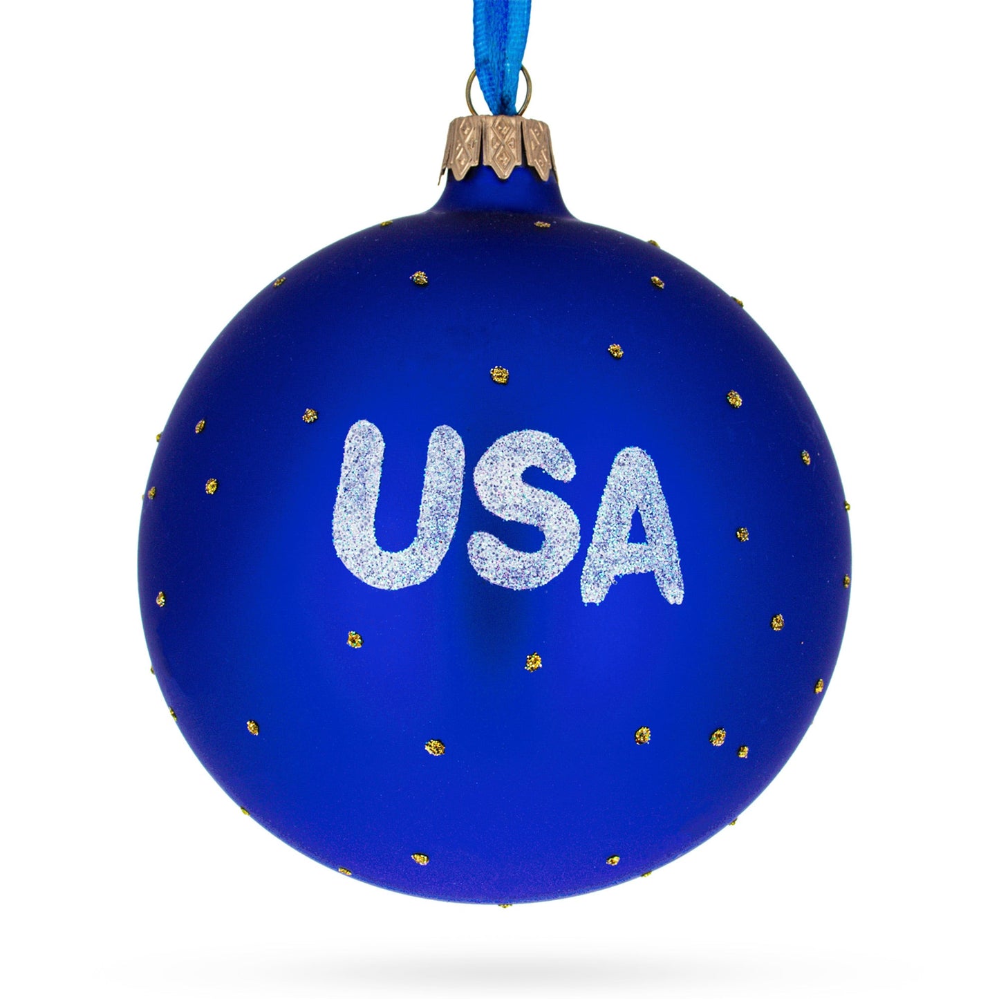 Flag of United States of America on Blue Glass Ball Christmas Ornament 4 Inches