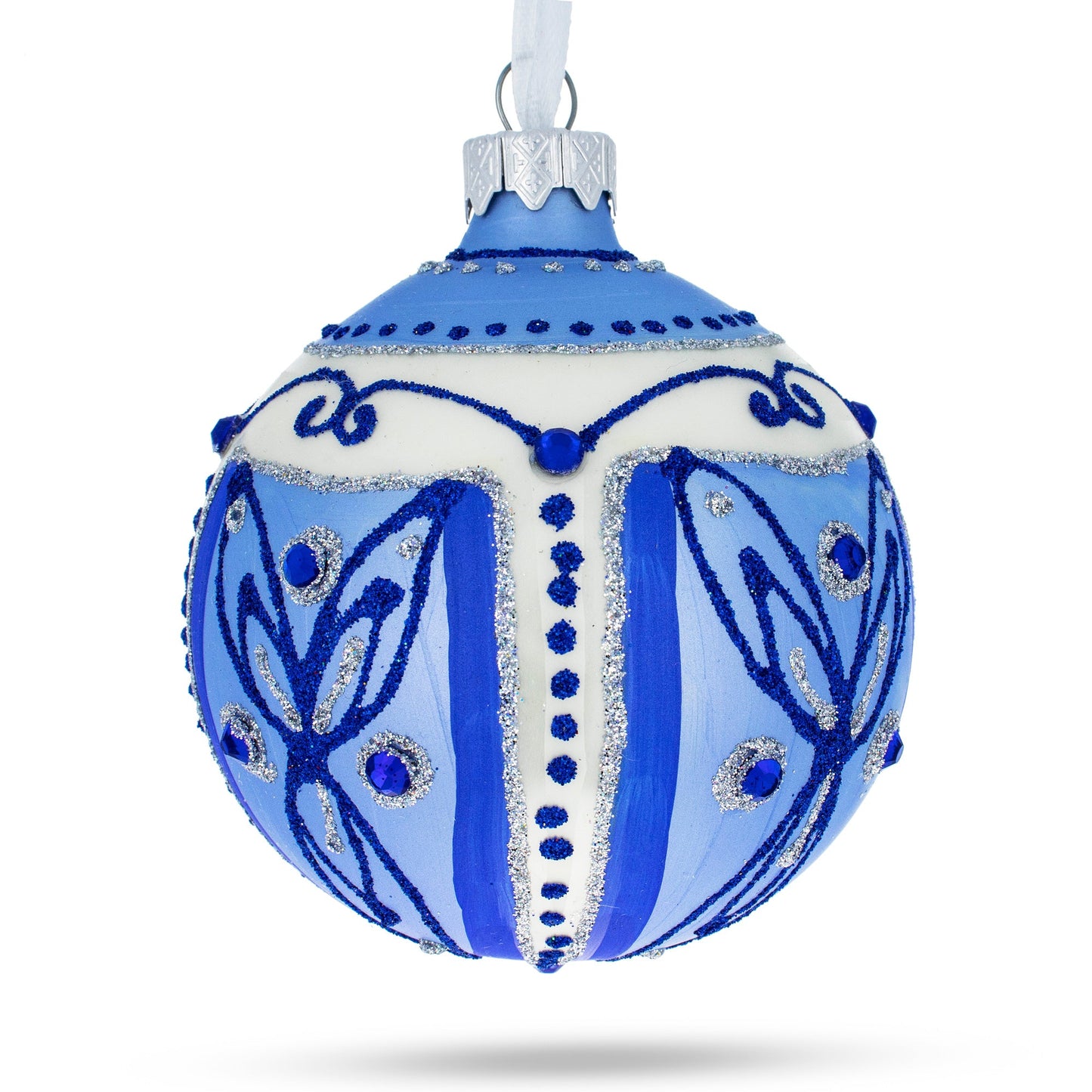 Blue Leaves Blown Glass Ball Christmas Ornament 3.25 Inches