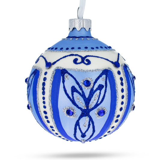 Blue Leaves Blown Glass Ball Christmas Ornament 3.25 Inches