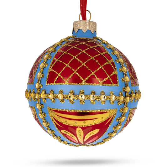 Trellis on Blue and Red Blown Glass Ball Christmas Ornament 3.25 Inches