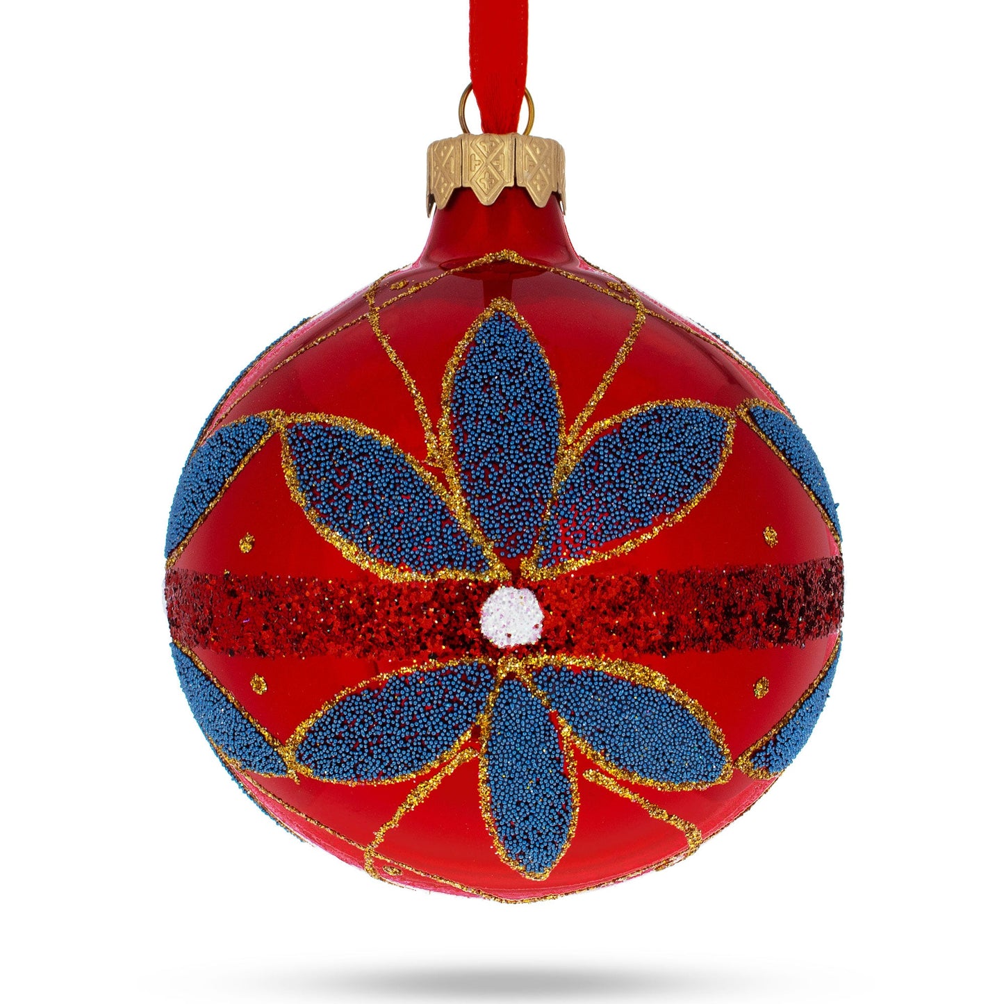 Blue Flowers on Red Blown Glass Ball Christmas Ornament 3.25 Inches