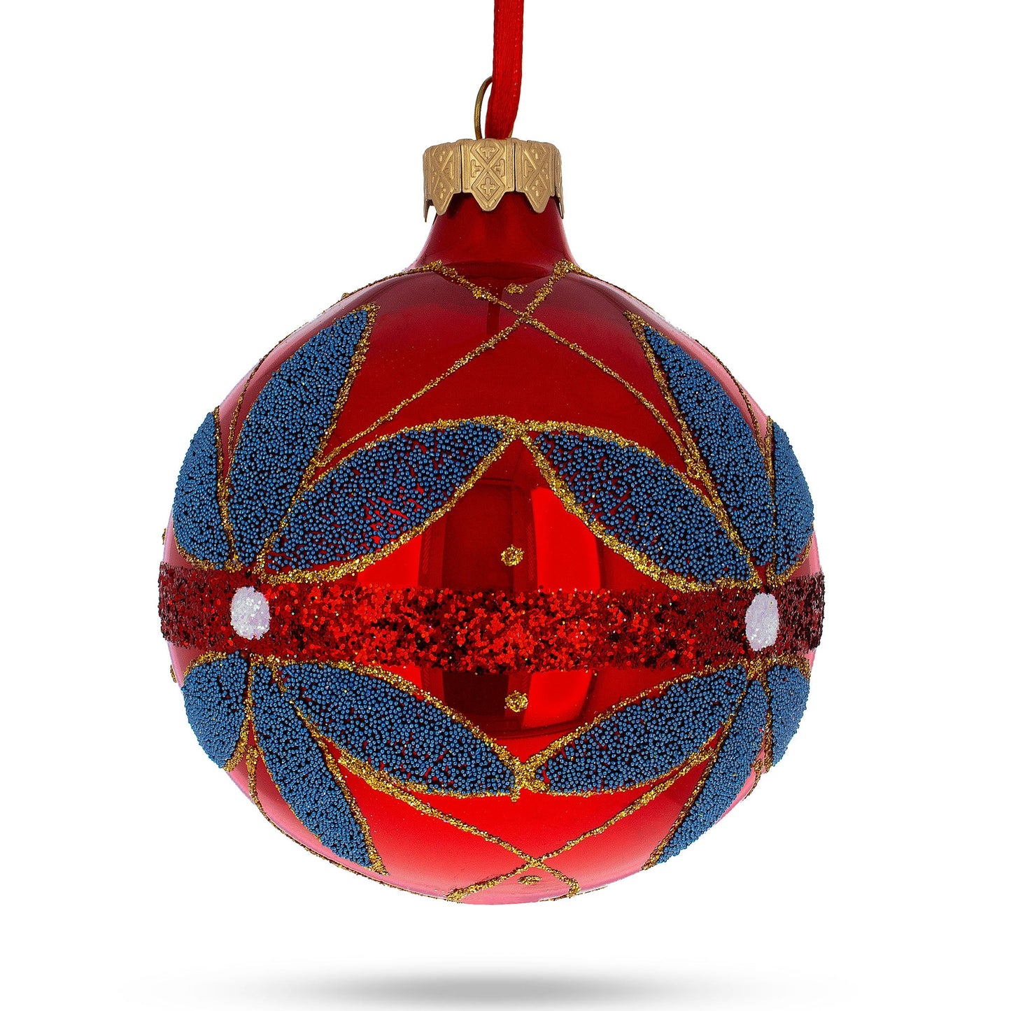 Blue Flowers on Red Blown Glass Ball Christmas Ornament 3.25 Inches