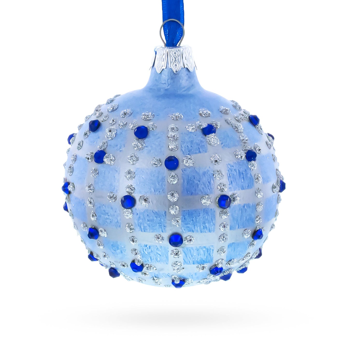 Blue Jewels and Check Pattern Necklace Design Glass Ball Christmas Ornament 3.25 Inches