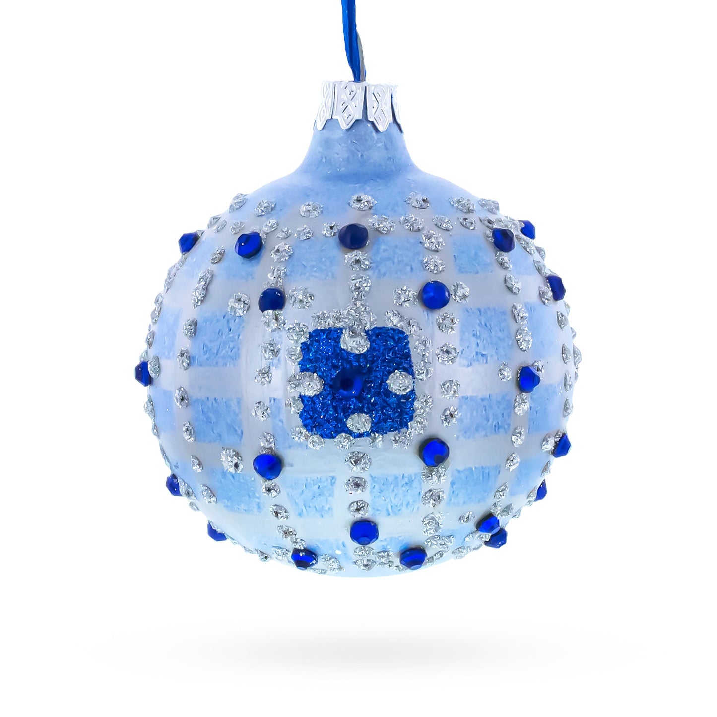 Blue Jewels and Check Pattern Necklace Design Glass Ball Christmas Ornament 3.25 Inches