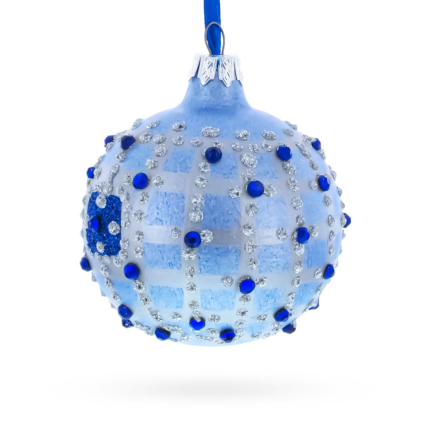 Blue Jewels and Check Pattern Necklace Design Glass Ball Christmas Ornament 3.25 Inches