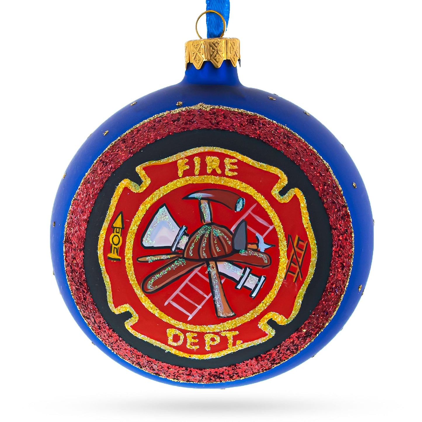 Fire Department Blown Glass Ball Christmas Ornament 4 Inches