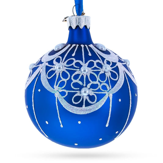 White Flowers Blossoming on a Tranquil Azure Blue Blown Glass Ball Christmas Ornament 3.25 Inches