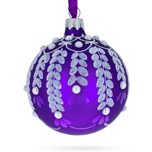 White Vines Entwined on a Lavender Dreamscape Blown Glass Ball Christmas Ornament 3.25 Inches