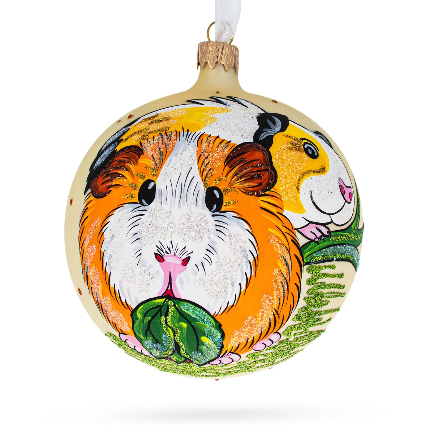 Adorable Guinea Pigs Blown Glass Ball Christmas Ornament 4 Inches