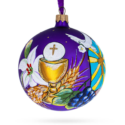 First Communion on Purple Blown Glass Ball Christmas Ornament 4 Inches