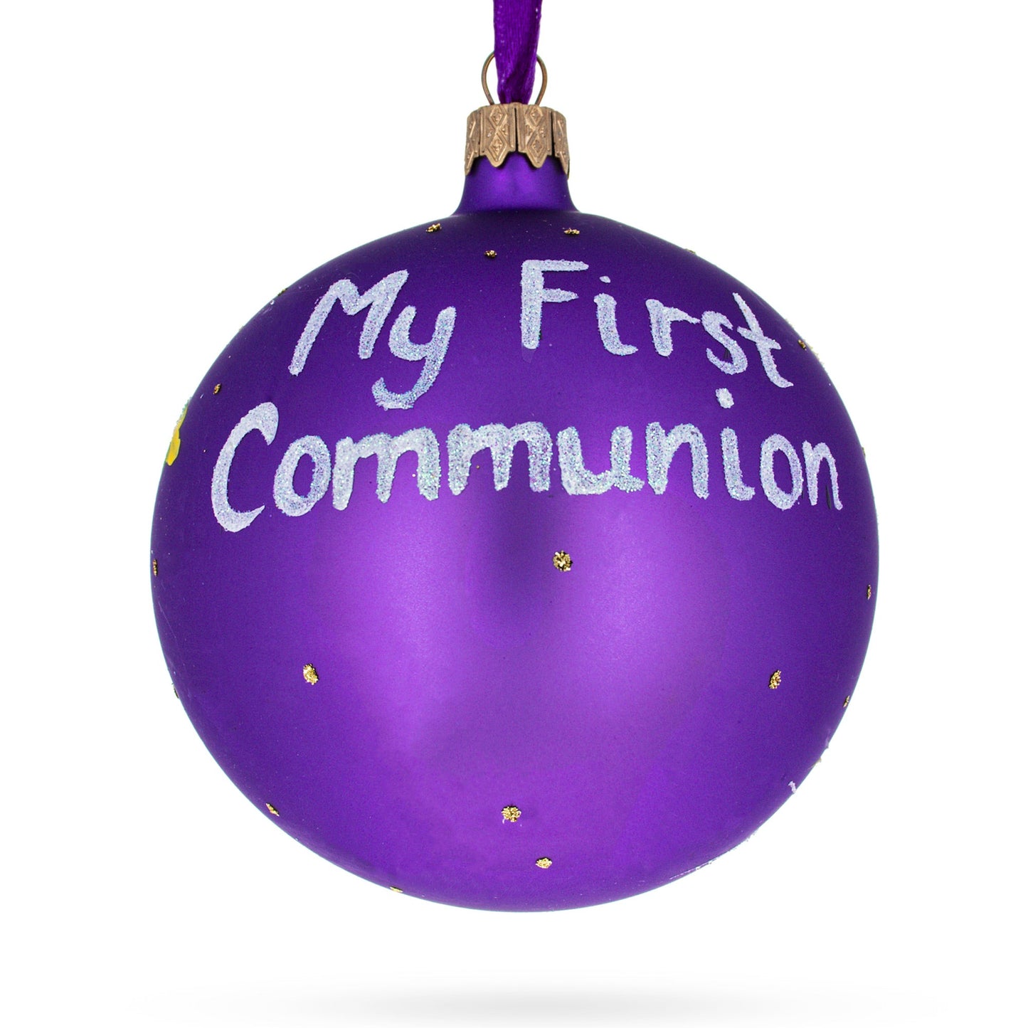 First Communion on Purple Blown Glass Ball Christmas Ornament 4 Inches