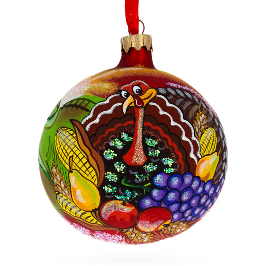 Turkey on the Field Thanksgiving Glass Ball Christmas Ornaments 4 Inches