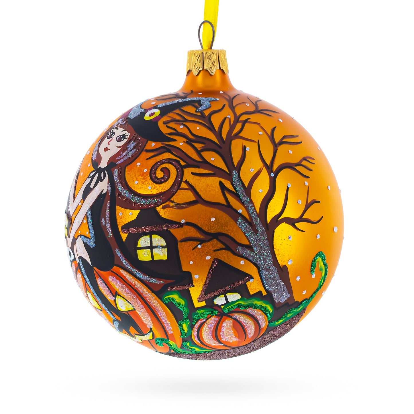 Enchanting Witch Riding Pumpkin Glass Ball Halloween Ornament 4 Inches