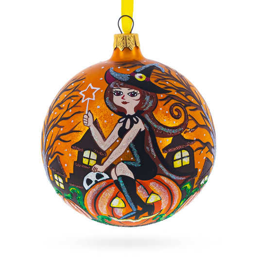 Enchanting Witch Riding Pumpkin Glass Ball Halloween Ornament 4 Inches