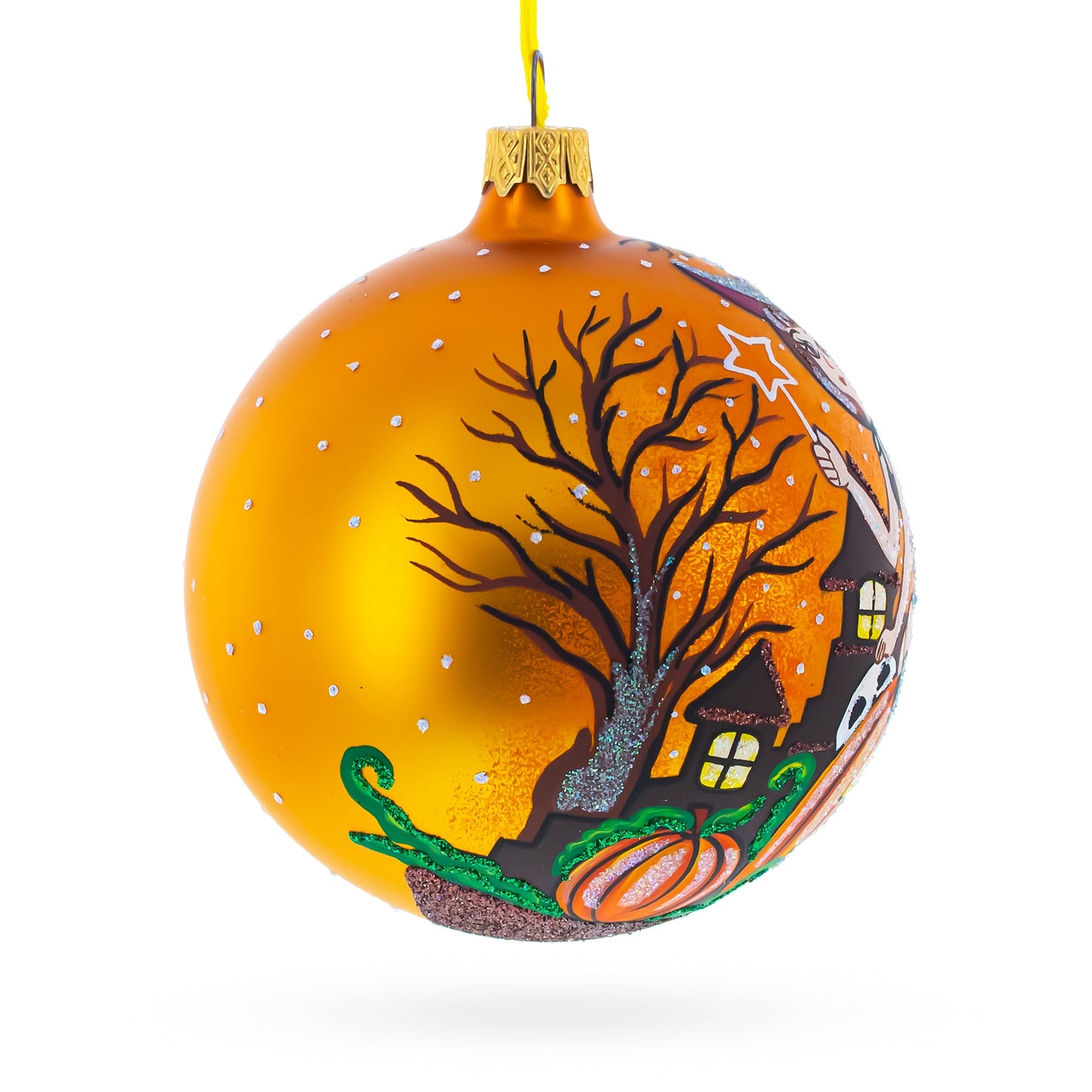 Enchanting Witch Riding Pumpkin Glass Ball Halloween Ornament 4 Inches