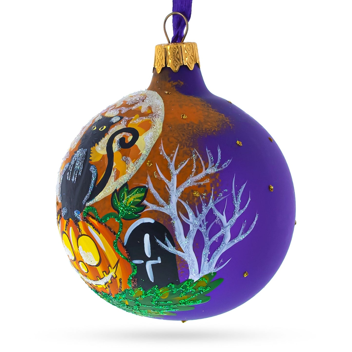 Black Cat at Cemetery Blown Glass Ball Halloween Ornament 3.25 Inches