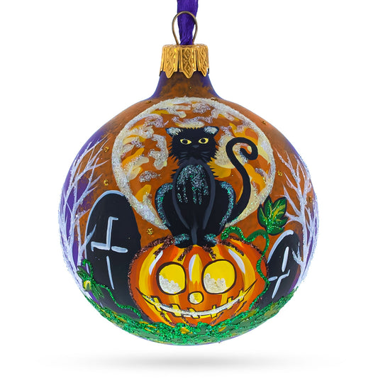 Black Cat at Cemetery Blown Glass Ball Halloween Ornament 3.25 Inches