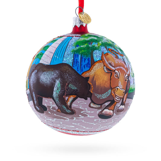 Bear and Bull on Wall Street Blown Glass Ball Christmas Ornament 4 Inches