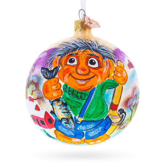 Troll the Fisherman Blown Glass Ball Christmas Ornament 4 Inches