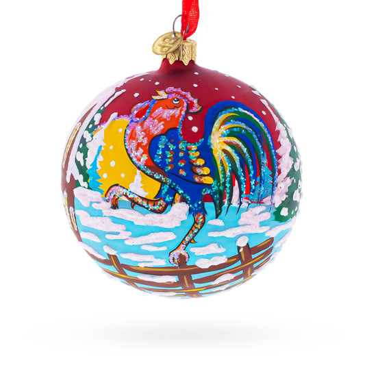 Rooster in the Winter Village Blown Glass Ball Christmas Ornament 4 Inches