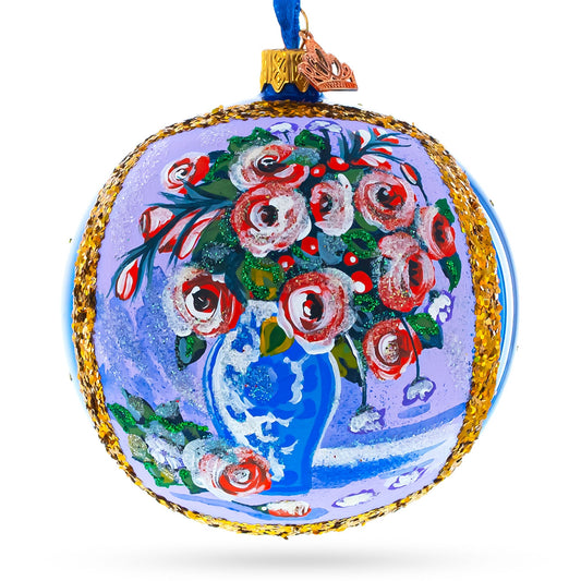 Vase of Roses Painting Glass Ball Christmas Ornament 4 Inches