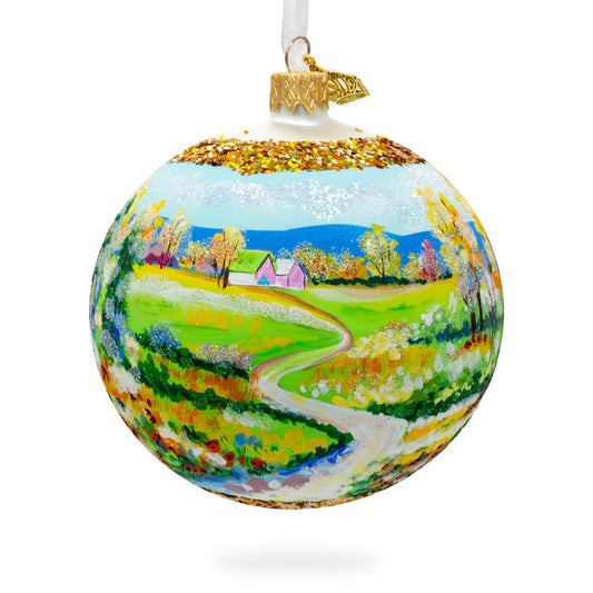 Village Road Painting Glass Ball Christmas Ornament 4 Inches