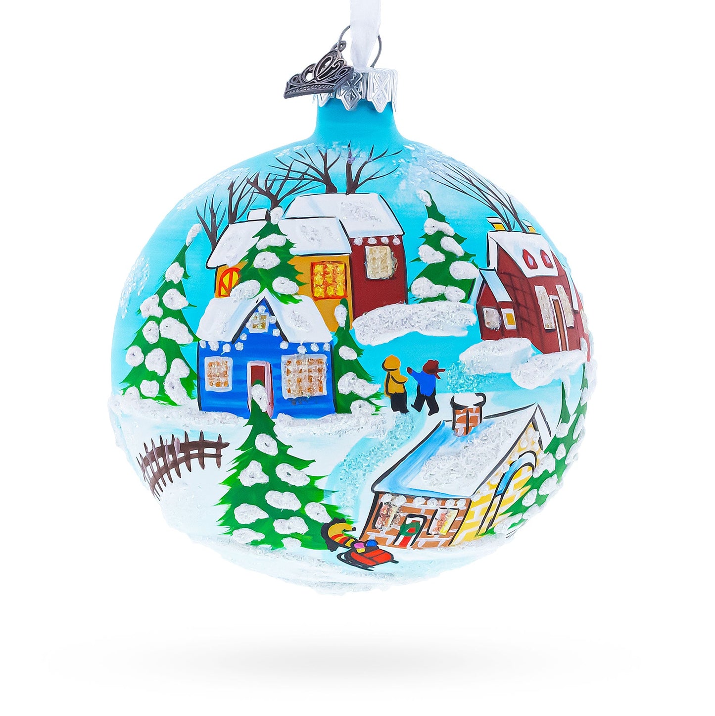 Children Playing in the Winter Village Glass Ball Christmas Ornament 4 Inches