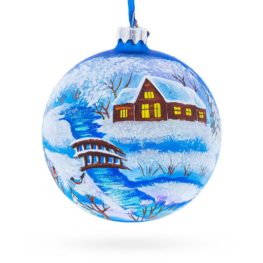 Winter Village by the River Glass Ball Christmas Ornament 4 Inches