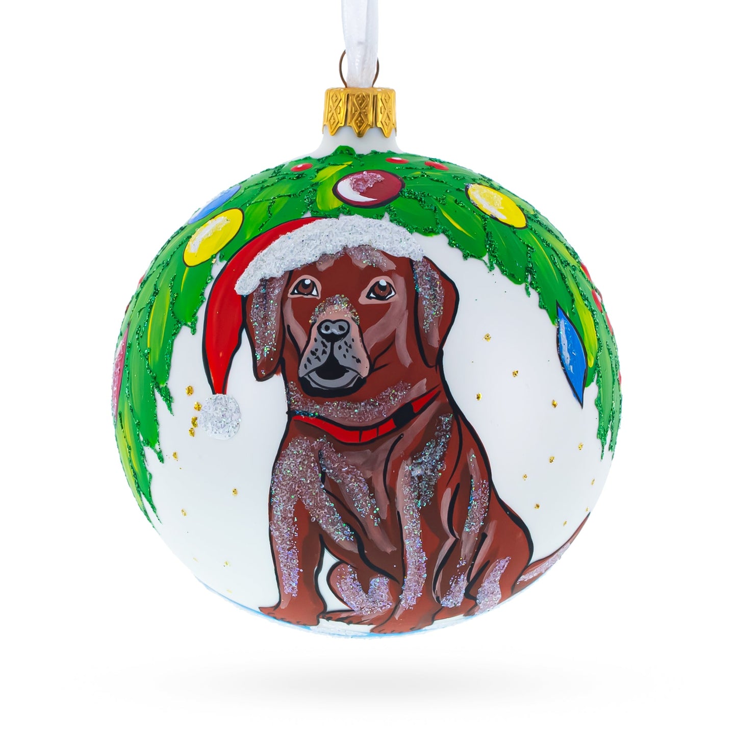 Chocolate Labrador in Festive Santa Hat Blown Glass Ball Christmas Ornament 4 Inches