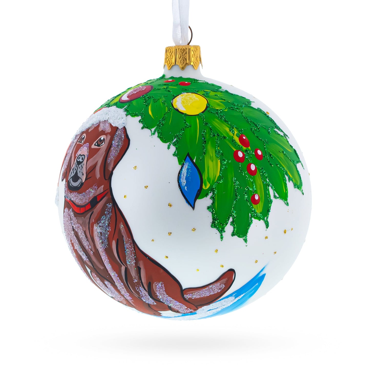 Chocolate Labrador in Festive Santa Hat Blown Glass Ball Christmas Ornament 4 Inches