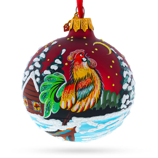 Vibrant Village Scene on Red Blown Glass Ball Christmas Ornament 3.25 Inches