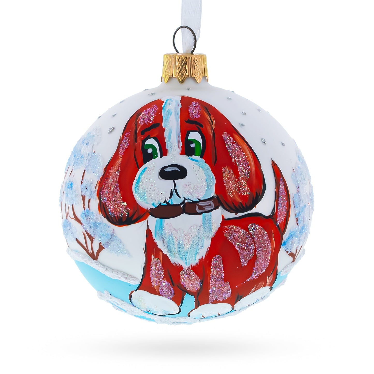 Puppy on the Snow Blown Glass Christmas Ornament 3.25 Inches