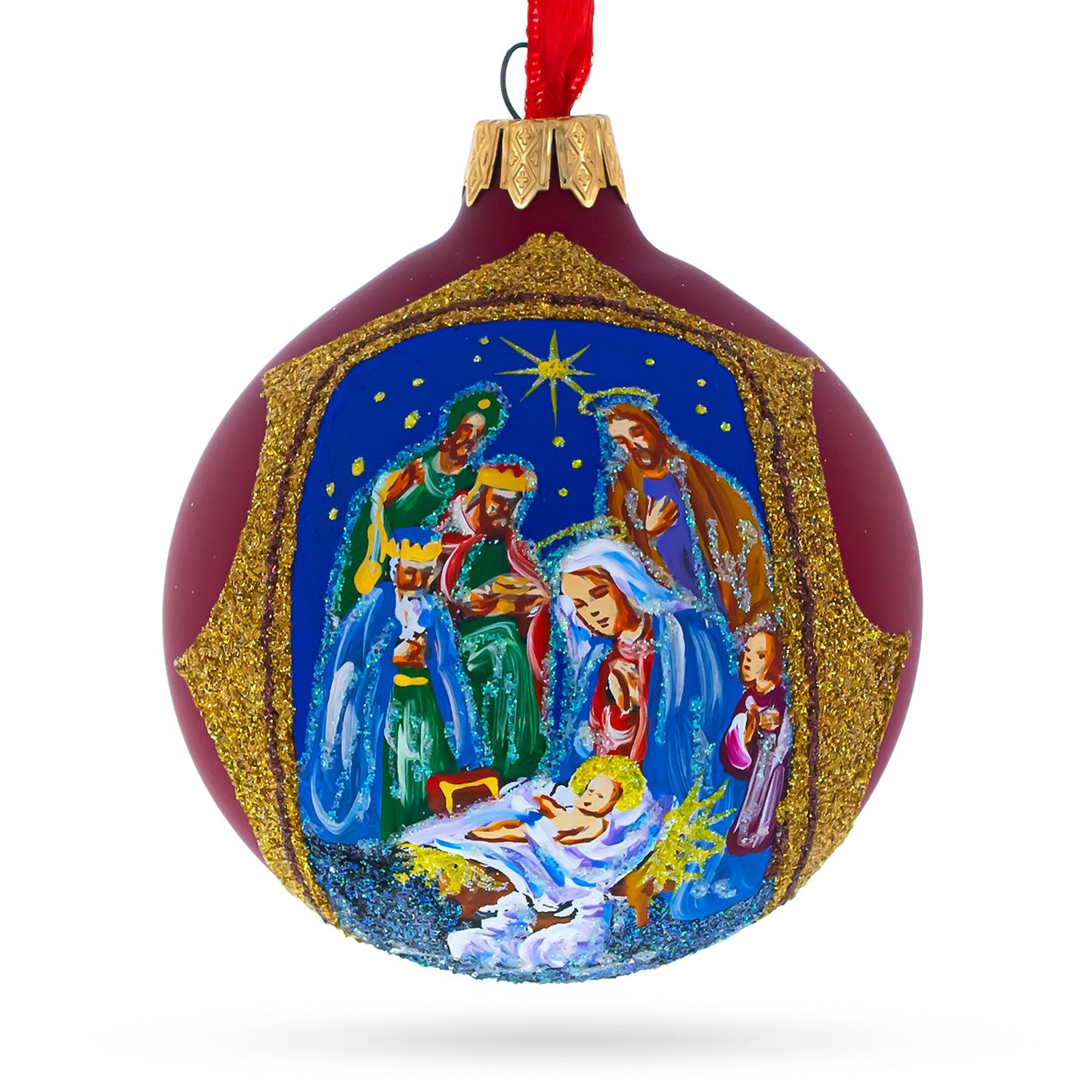 Radiant Nativity Scene in Red Tone Glittered Blown Glass Ball Christmas Ornament 3.25 Inches