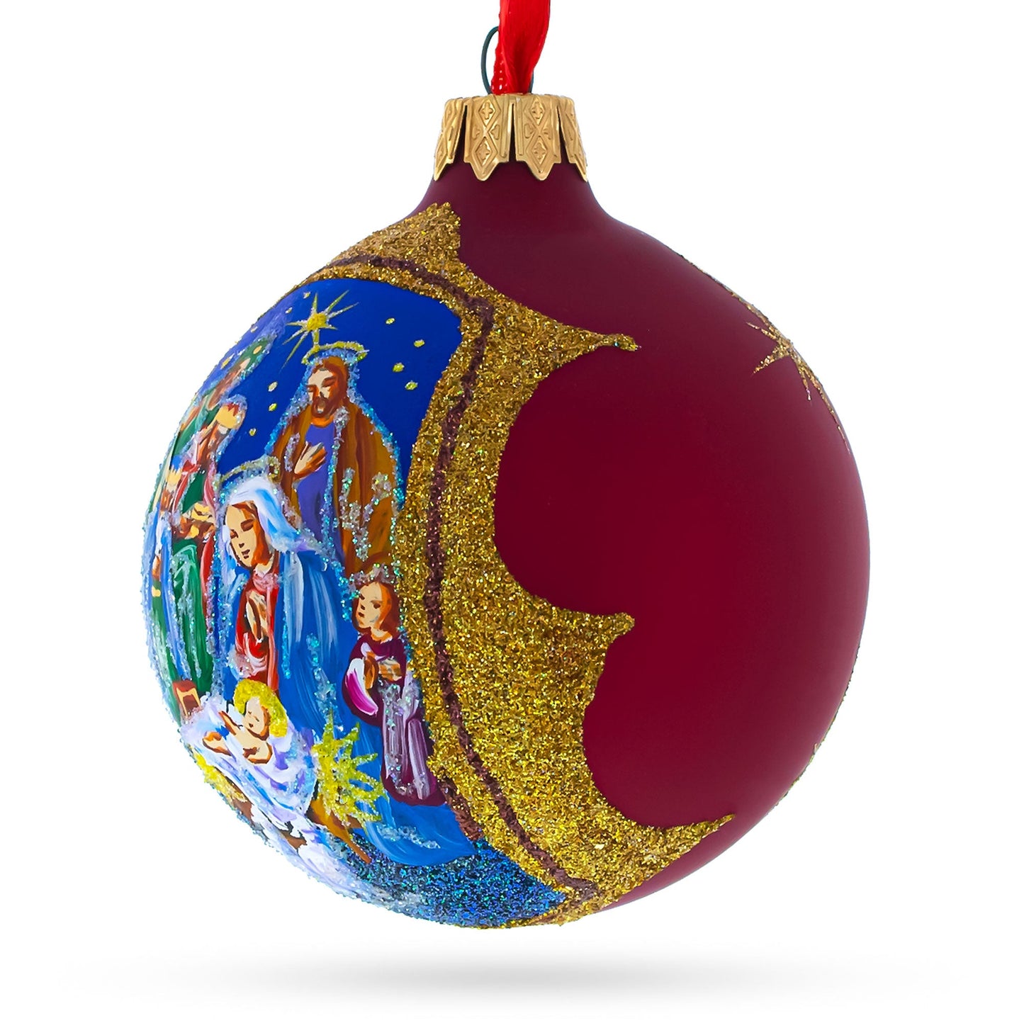 Radiant Nativity Scene in Red Tone Glittered Blown Glass Ball Christmas Ornament 3.25 Inches