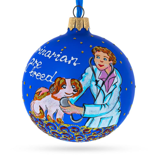 Veterinarian Checking Dog Blown Glass Ball Christmas Ornament 3.25 Inches