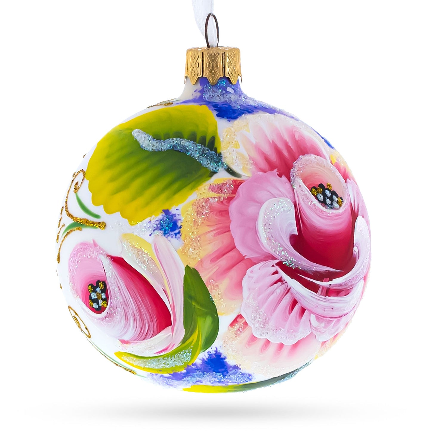 Exquisite Roses Flowers Blown Glass Ball Christmas Ornament 3.25 Inches