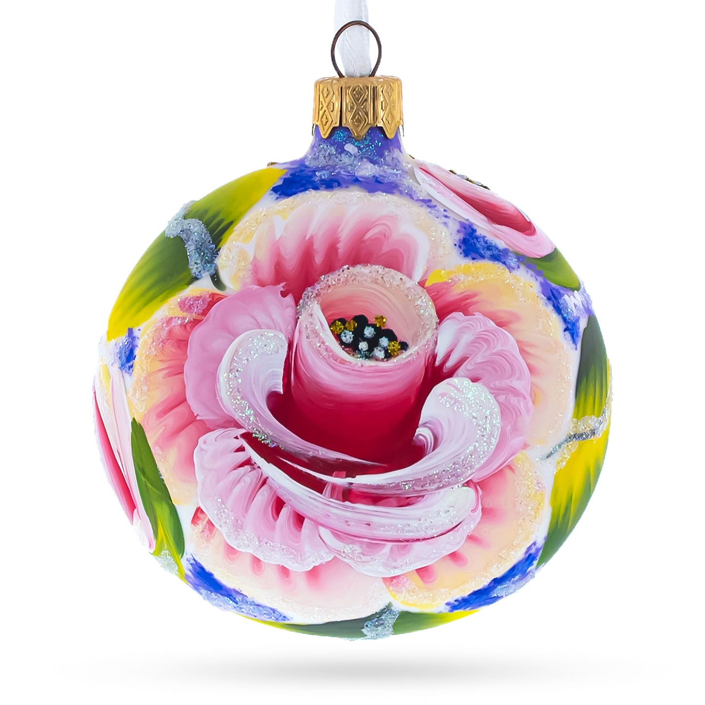 Exquisite Roses Flowers Blown Glass Ball Christmas Ornament 3.25 Inches