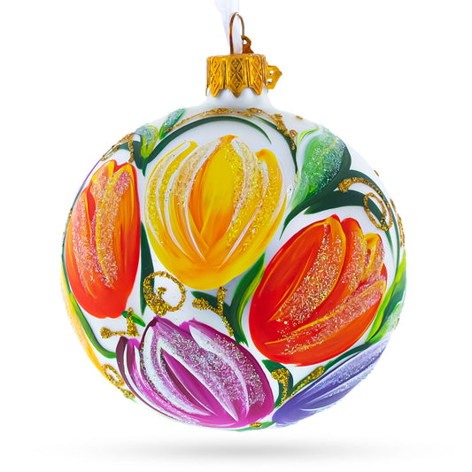 Tulip Bouquet on White Blown Glass Ball Christmas Ornament 3.25 Inches