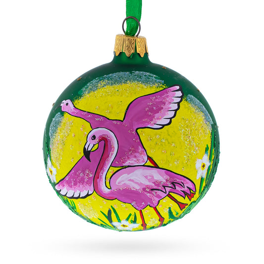 Vibrant Pink Flamingos Blown Glass Christmas Ornament 3.25 Inches