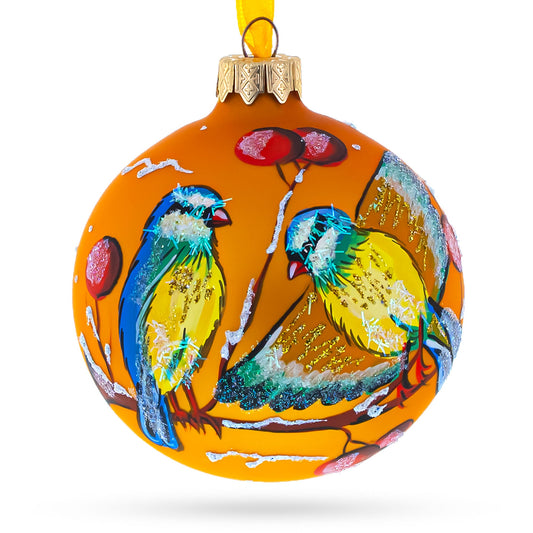 Yellow and Blue Birds Perched on Branch Blown Glass Ball Christmas Ornament 3.25 Inches