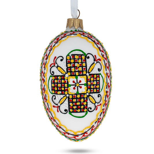 White Geometric Ukrainian Egg Glass Christmas Ornament 4 Inches