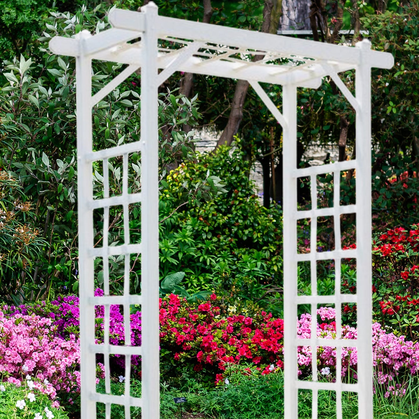 Dura-Trel Elmwood Arbor 57" x 84" PVC Outdoor Garden Arch Lattice Trellis, White