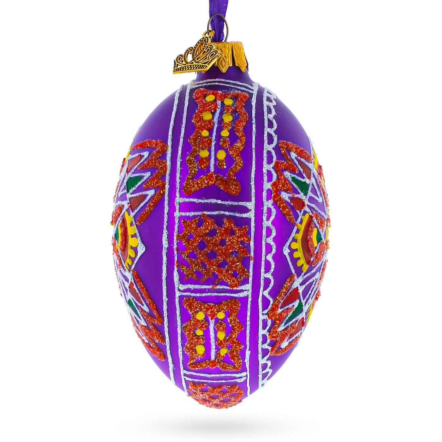 Purple Geometric Ukrainian Egg Glass Christmas Ornament 4 Inches